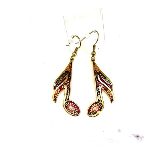Cloisonne Gold Plated Red Enamel Music Note Dangle Drop Earrings - Picture 1 of 6